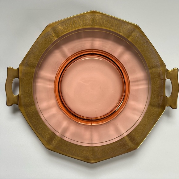 Other - PINK DEPRESSION GLASS CAKE STAND Low Footed Serving Platter Vintage Gold Rim
